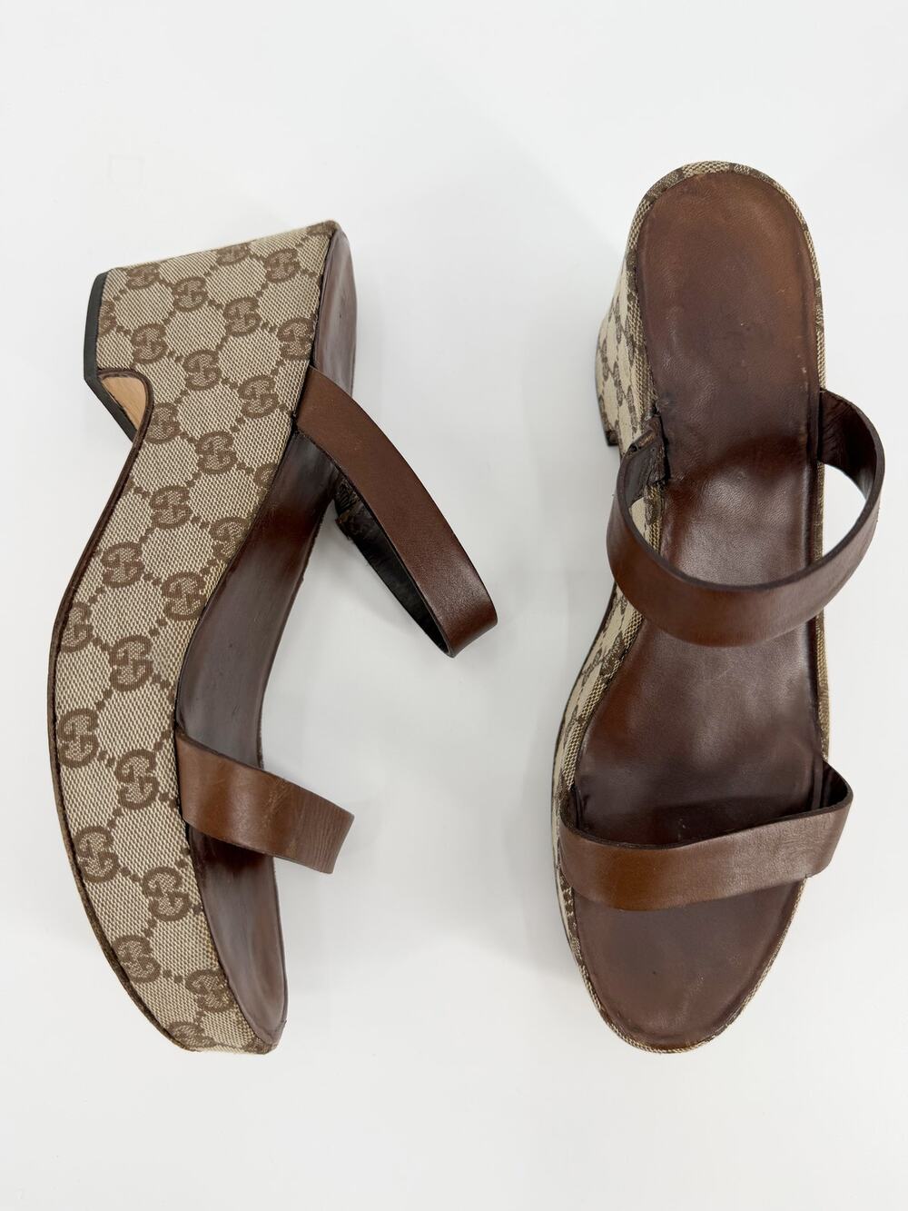 Gucci Vintage GG Supreme Canvas Platform Wedge Sandals Leather Slides 10